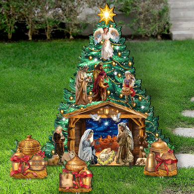 Nativity-Themed Christmas Tree Set Outdoor Indoor Decor Wooden Christmas Decoration by D. Gelsinger Christmas Decor - 8191503F-DG-G