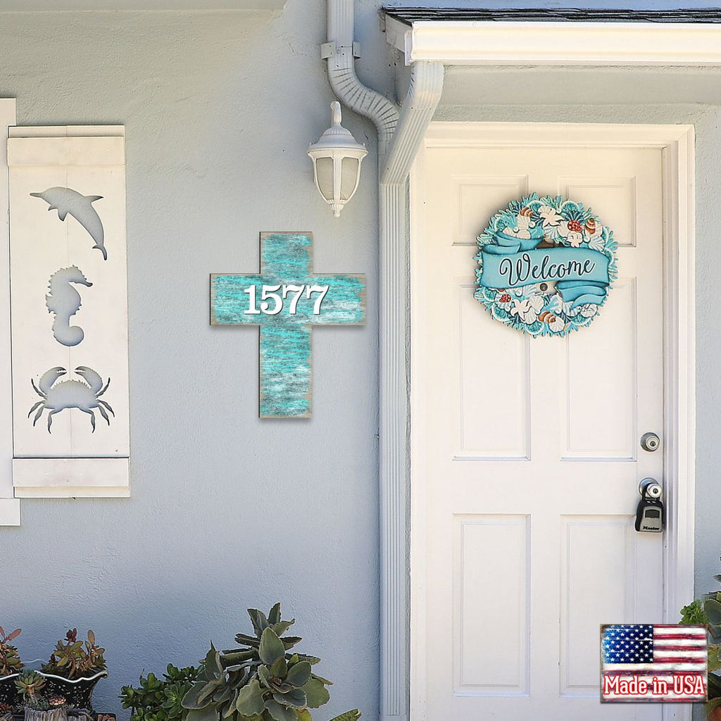 Cross Wooden Custom House Number Sign - Easter Spring Decor - Handcrafted Wooden Handcrafted Wooden Address Sign - MA8198313