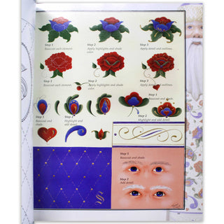 The image is a detailed illustration of various steps and techniques for painting flowers and other decorative elements.