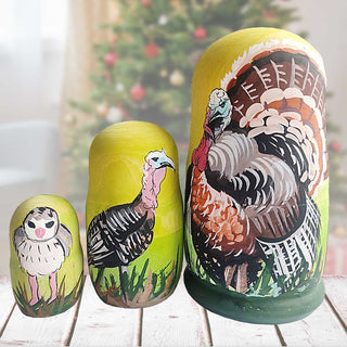 Turkey Matreshka Nesting Hand-Painted Doll Set of 3 by G. DeBrekht - Thanksgiving Halloween Decor - 14774