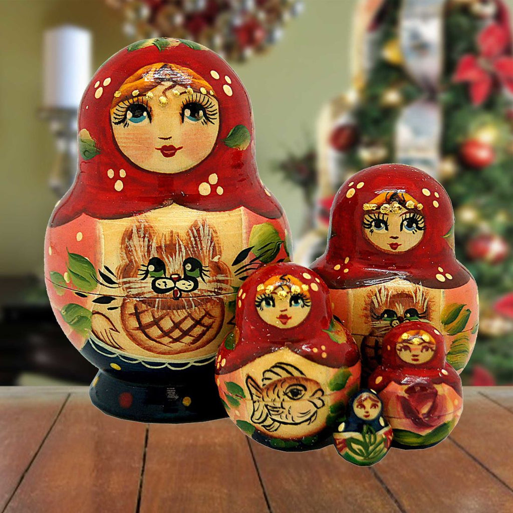 Kitty Matreshka Nesting Hand-Painted Dolls Set of 5 by G. DeBrekht - Christmas Decor - 140074