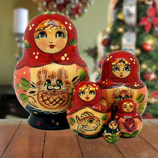Kitty Matreshka Nesting Hand-Painted Dolls Set of 5 by G. DeBrekht - Christmas Decor - 140074