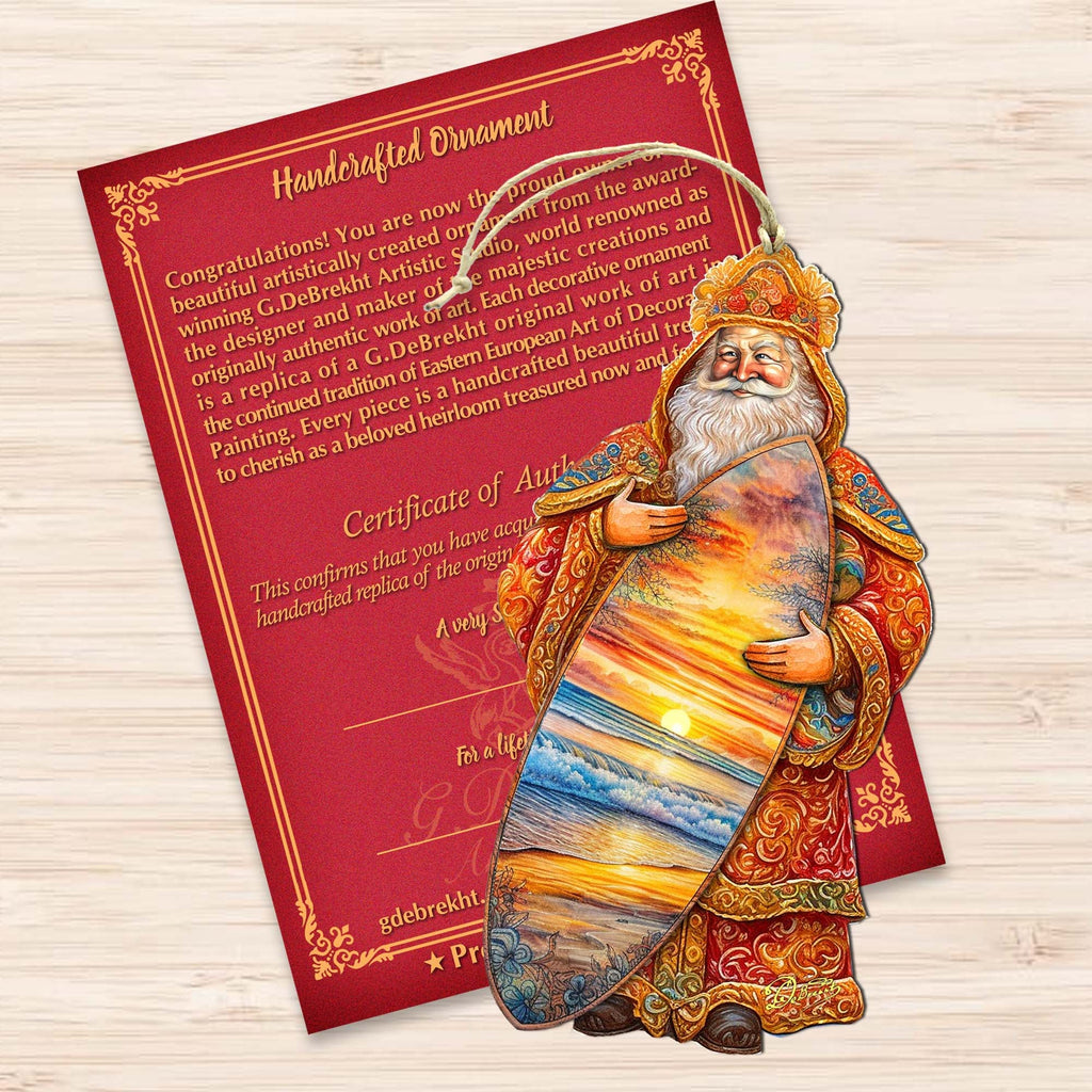 Santa's Tropical Surf Ride Wooden Ornaments by G. Debrekht - Christmas Santa Snowman Decor - 8691413