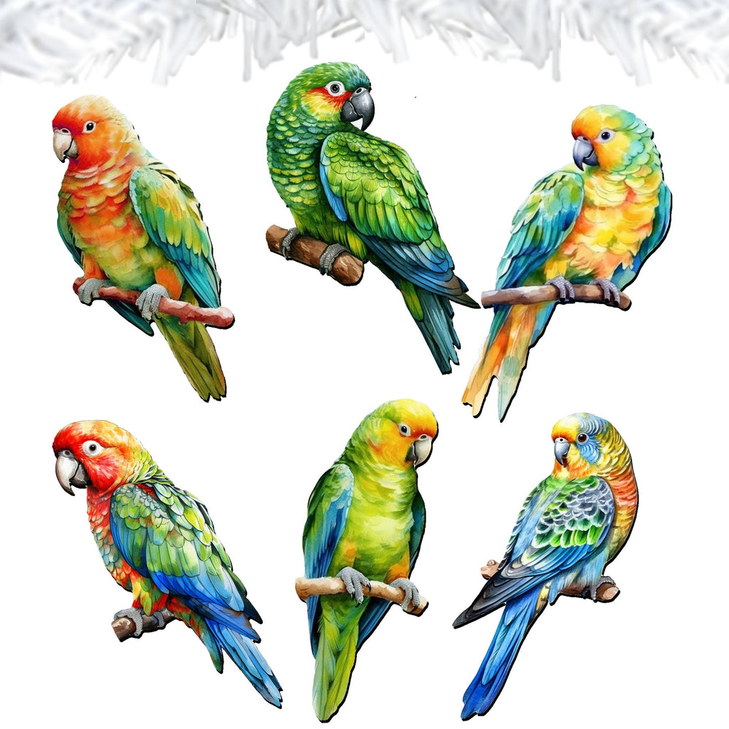 Parrots Clip-On Eco Wood Decorative Ornaments Set of 6 by G. Debrekht - Christmas Decor - 8090013C-S6