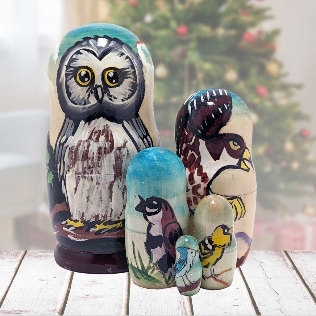 Owls Family Matreshka Nesting Hand-Painted Doll Set of 5 by G. DeBrekht - Wildlife Holiday Decor - 140079