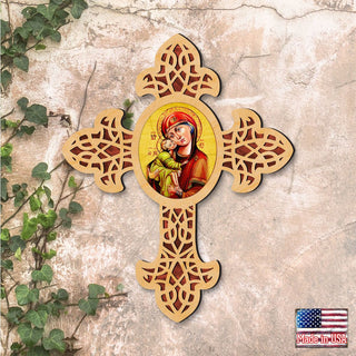 Vladimir Virgin Mary Pointy Wooden Cross by Museum Icons - Inspirational Icon Decor - 88311