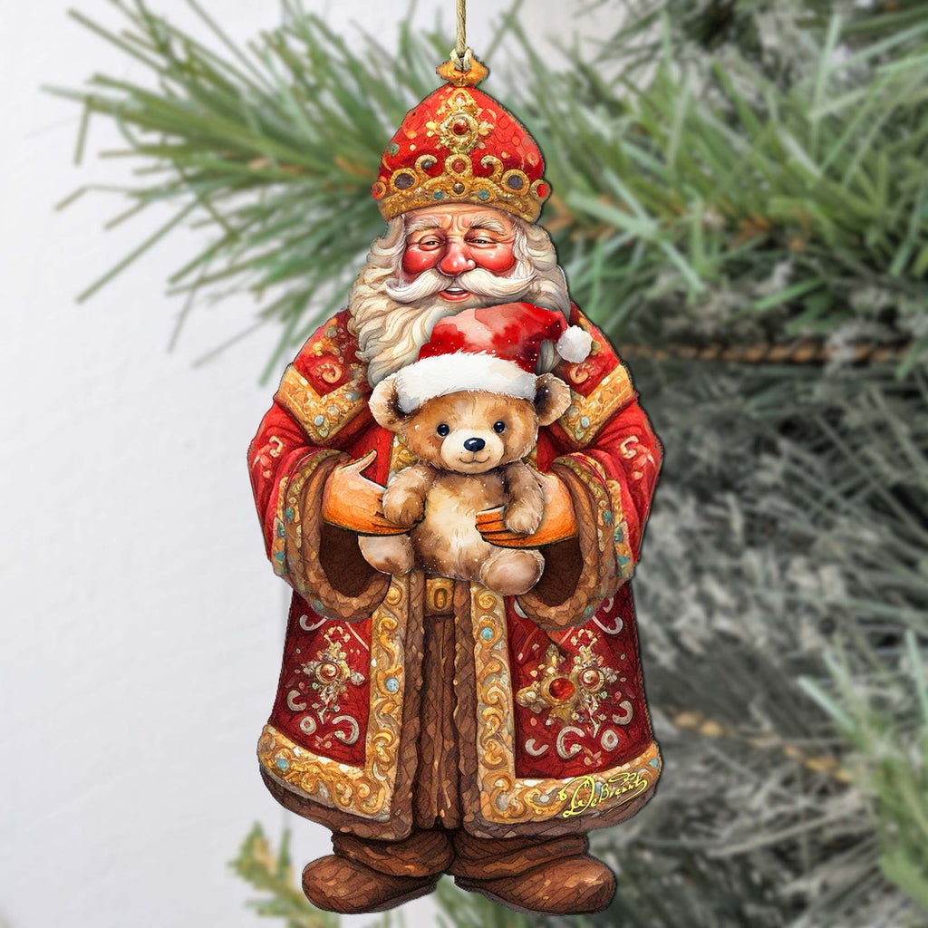 Santa's Teddy Bear Hug Wooden Ornaments by G. Debrekht - Christmas Santa Snowman Decor - 8691415