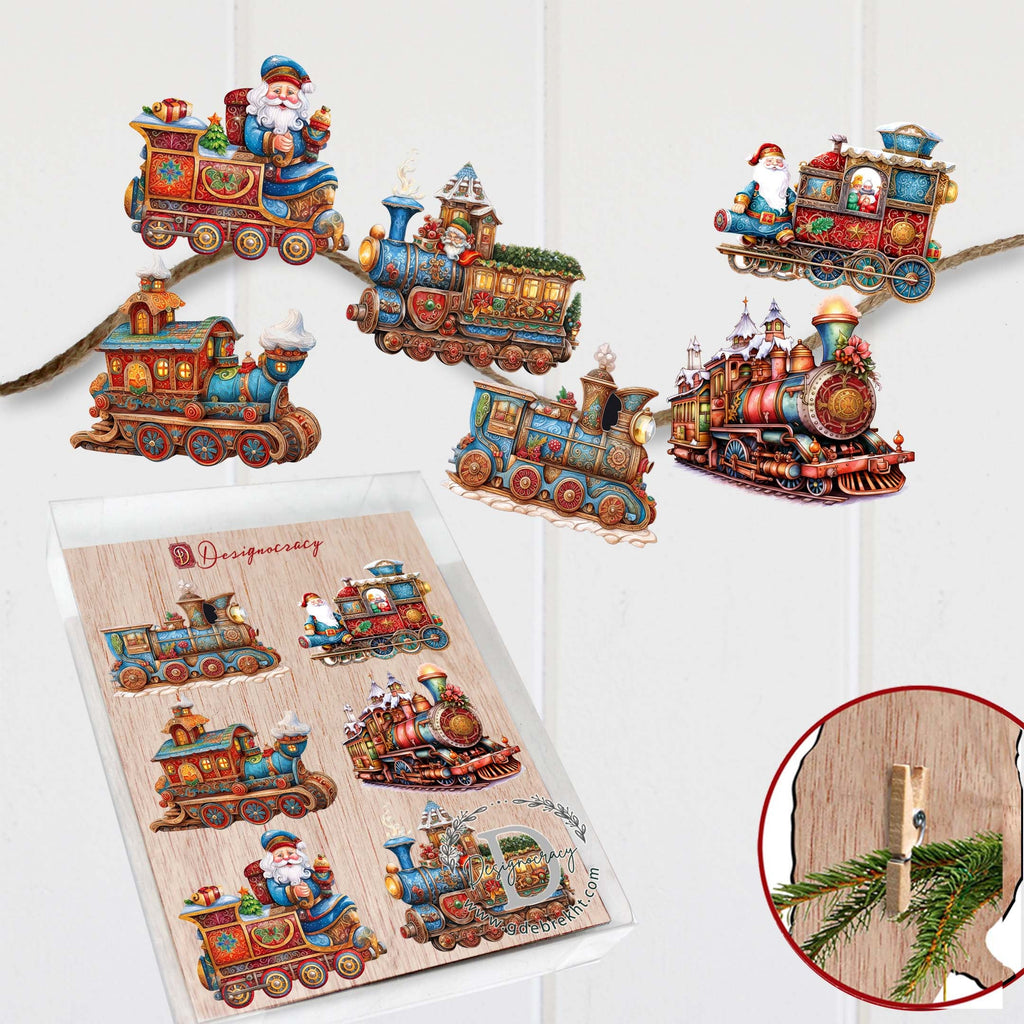 Santa Christmas Train Clip-On Eco Wood Decorative Ornaments Set of 6 by G. Debrekht - Christmas Decor - 8090123C-S6
