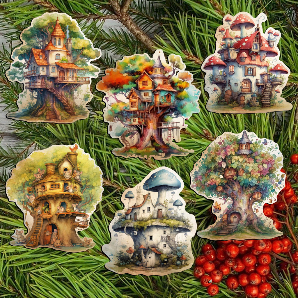 Tree House Clip-On Eco Wood Decorative Ornaments Set of 6 by G. Debrekht - Christmas Decor - 8090026C-S6