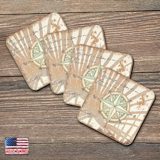 Compass Coastal Wooden Cork Coasters Gift Set of 4 by Nature Wonders - Coastal Sea-Life Decor - 8198620C-S4