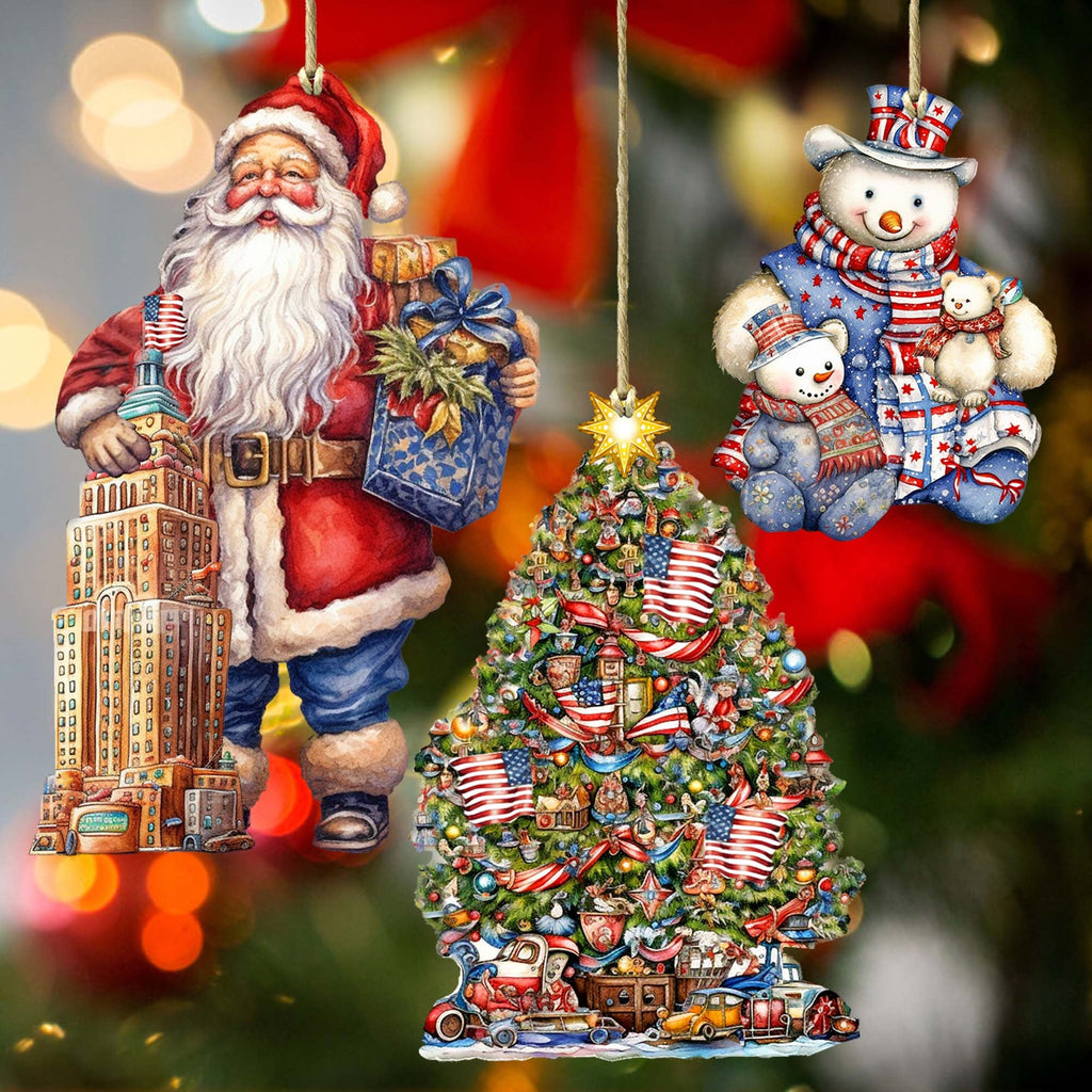 Santas Around the World - American Inspired Santa - Eco Wood Ornaments Set of 3 by G. DeBrekht Christmas Santa Snowman Decor - 8091301S3