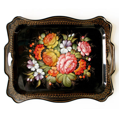 Authentic Zhostovo Hand-Painted Black Metal Floral Tray 20x16 - One-of-a-Kind Kitchenware Gift - Decorative Art by G. Debrekht Functional Kitchenware Table and Unique Wall Decor - One-of-a-Kind Work of Art