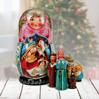 Nativity Angel Hand-Painted Doll with Set of Wooden Ornaments by G. DeBrekht - Nativity Holiday Decor - 1307013