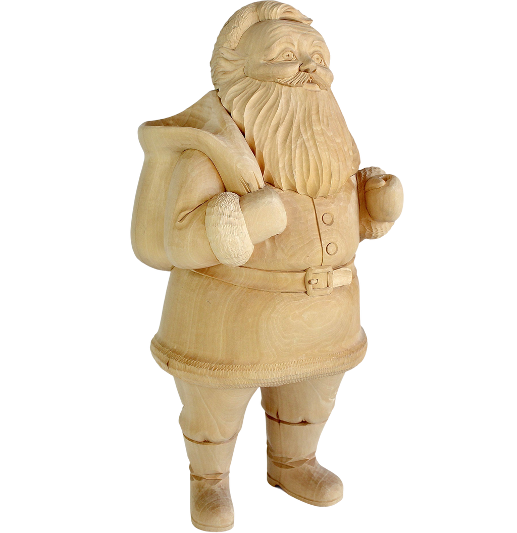 A wooden sculpture of Santa Claus, with a detailed and intricate design, is shown against a black background.