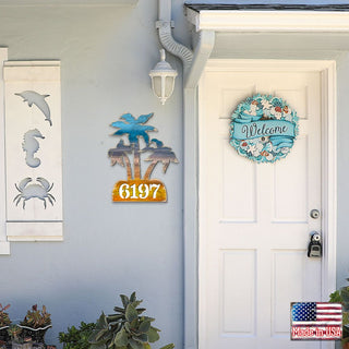 Palm Coastal Trees Personalized House Number Sign by G. Debrekht - Coastal Sea-Life Decor - Handcrafted Wooden Handcrafted Wooden Address Sign - MA8198415