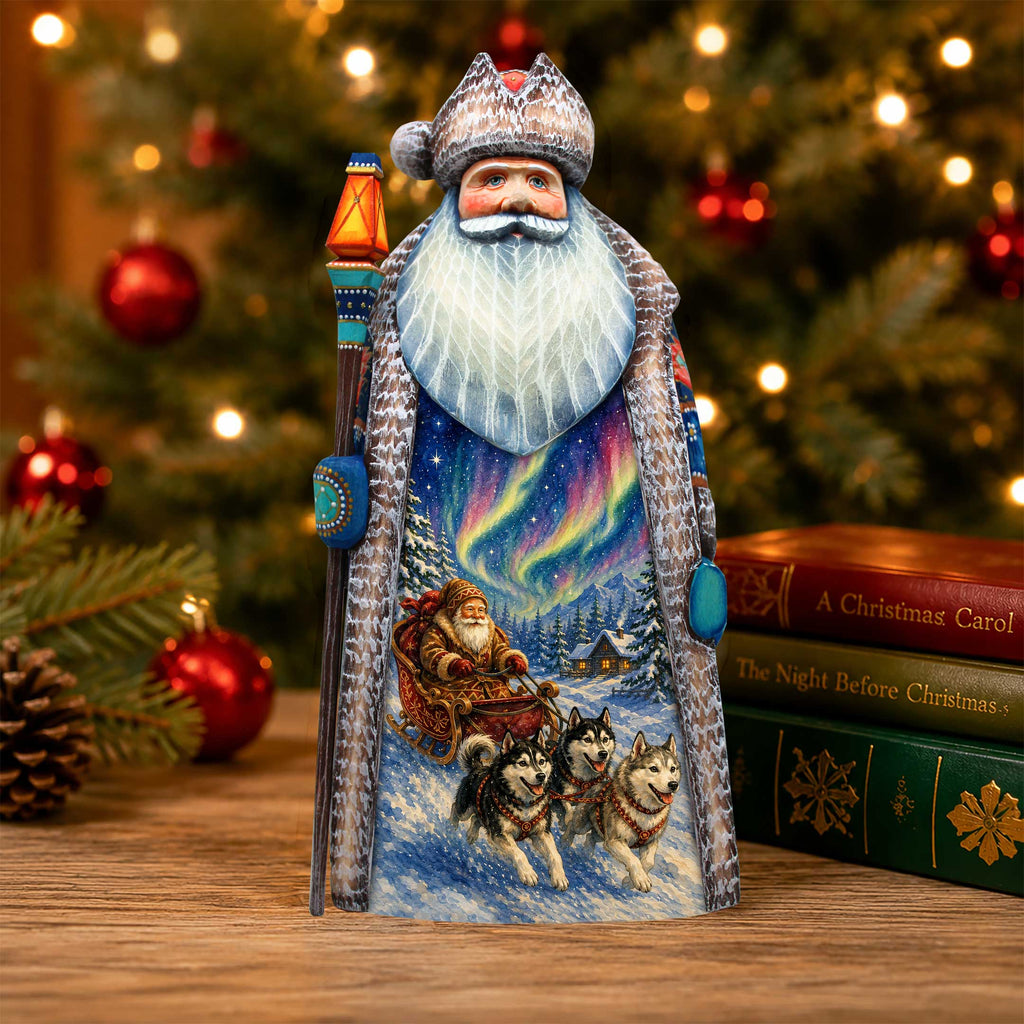 Alaska Northern Lights Santa with Sled Dogs Handcrafted Wooden Figurine- Christmas Decoration by G. Debrekht – 210241