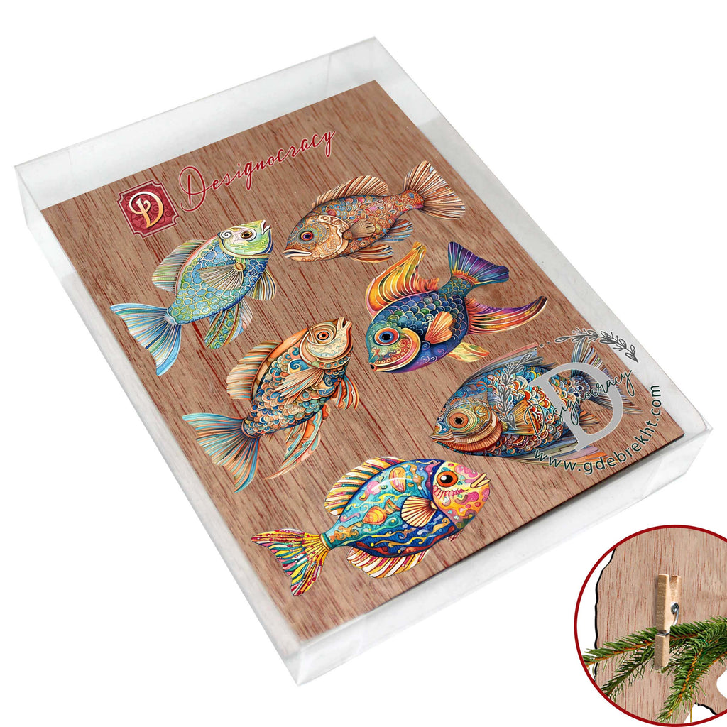 Coastal Fish Clip-On Eco Wood Decorative Ornaments Set of 6 by G. Debrekht - Coastal Decor - 8090034C-S6