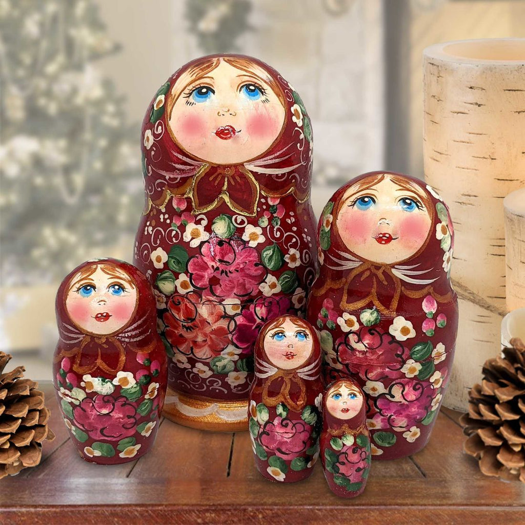 Dark Red Floral Matreshka Nesting Hand-Painted Dolls Set of 5 by G. DeBrekht - Christmas Decor - 140140-5