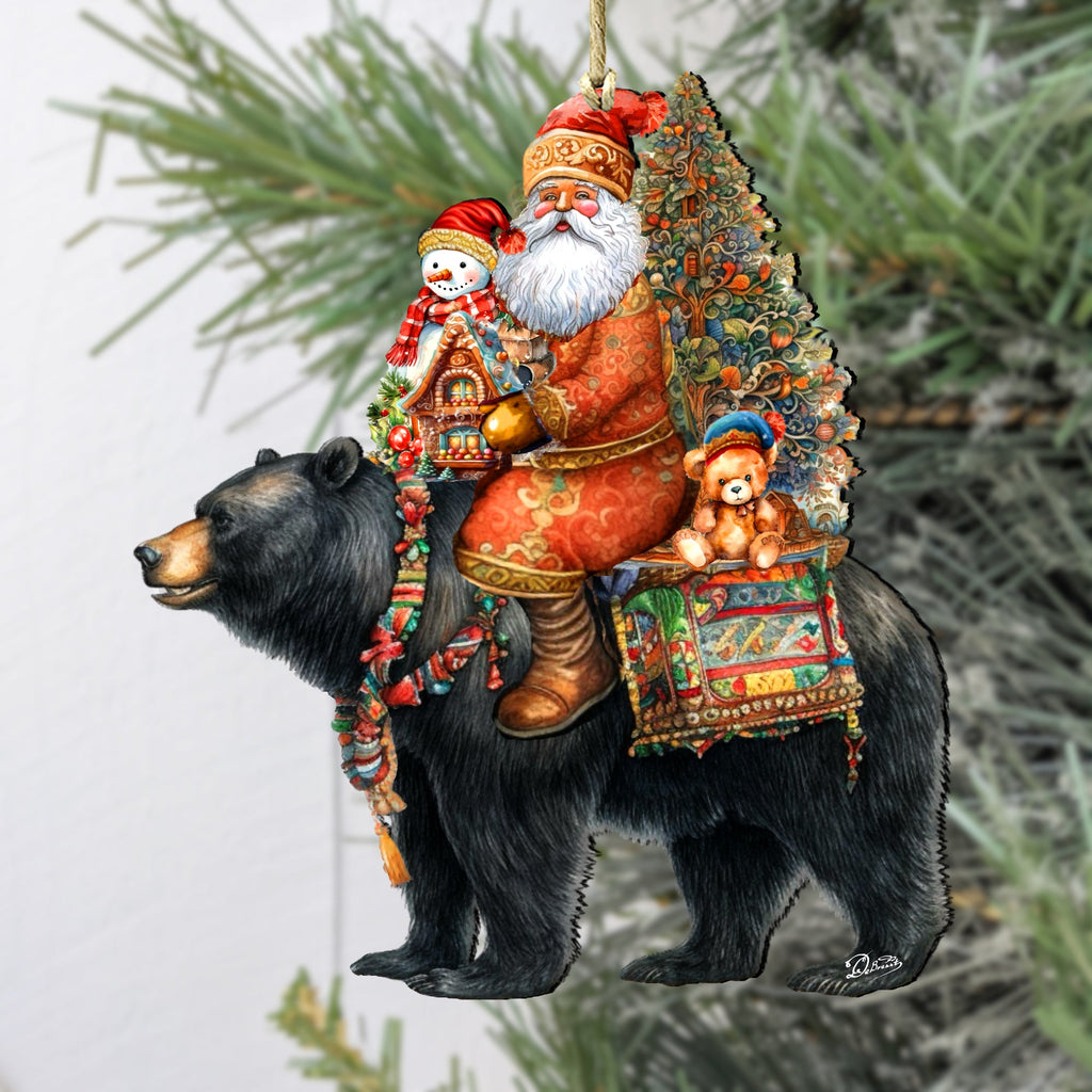 Santa on Black Bear Wooden Ornaments Christmas Santa Snowman Decor - 8611064