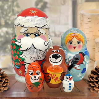 Santa with Forest Friends Matreshka Nesting Hand-Painted Doll Set of 5 by G. DeBrekht - Christmas Santa Snowman Decor - 110152