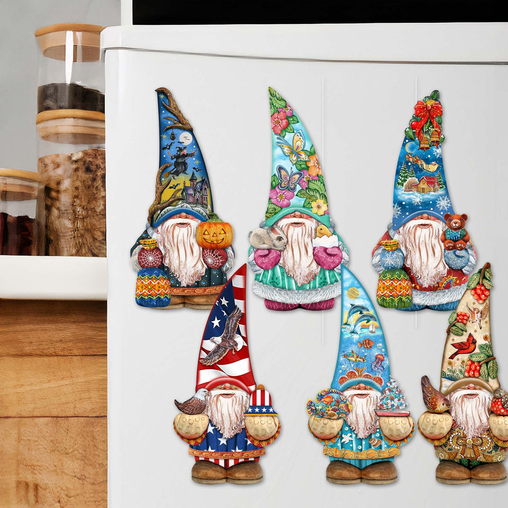 Holiday Gnomes Decorative Eco Wood Magnets Set of 6 by G. Debrekht - Christmas Decor - 8090138G-S6