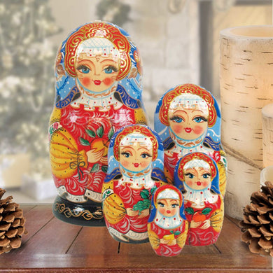 Apple Girl Matreshka Stacking Hand-Painted Dolls Set of 5 by G. DeBrekht - Christmas Decor - 1300934