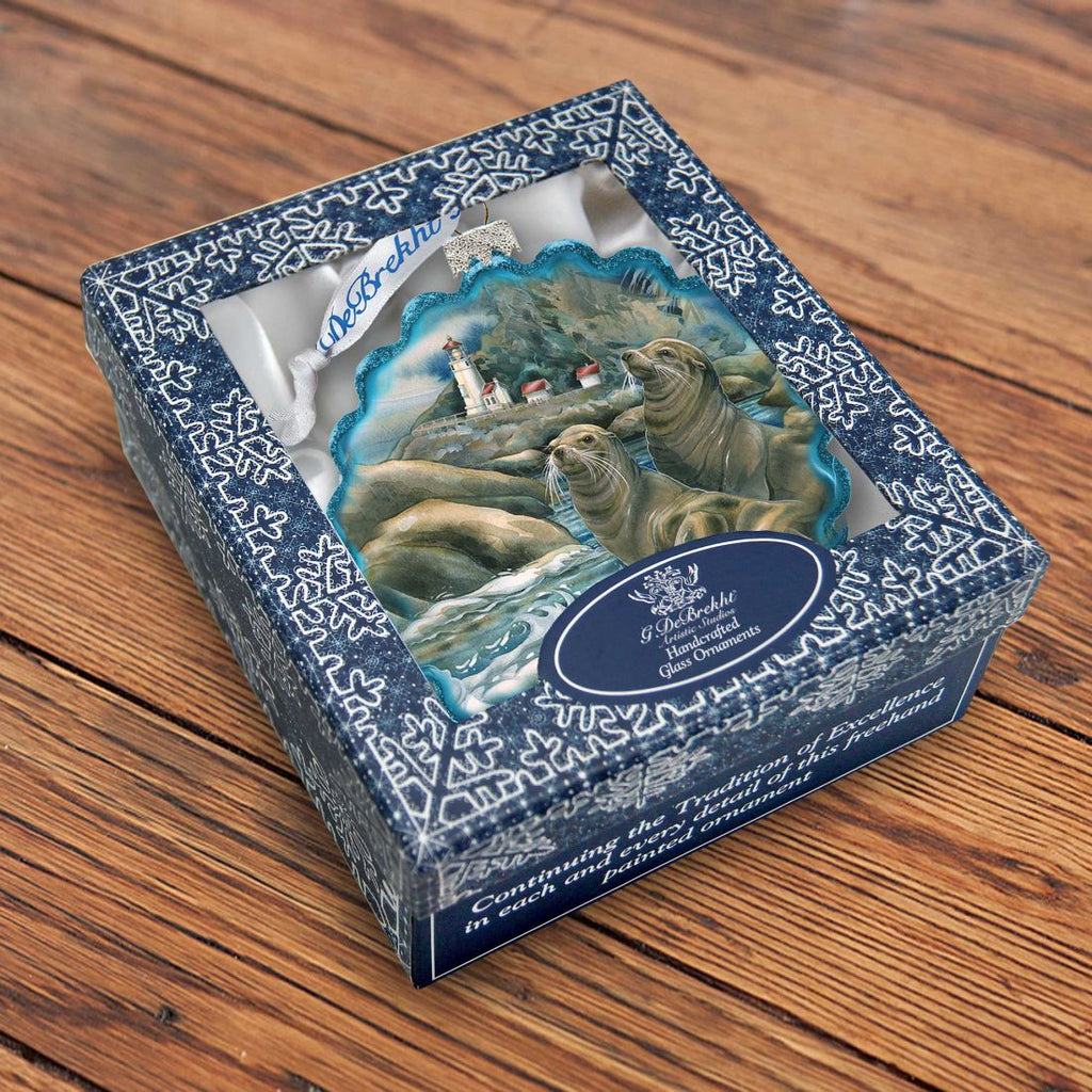 Lions of the Sea Lighthouse Caves Wreath Glass Ornament by J. Bergsma - Wildlife Holiday Decor - 759-883-JB