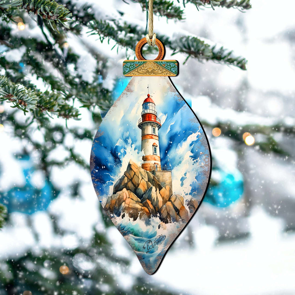 Wooden Christmas Tree Decorations - Lighthouse Wooden Ornaments by G.Debrekht Coastal Holiday Decor - 8688177