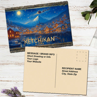 A postcard featuring a night scene of a snowy village with a full moon, and a blank recipient card with a message and address.