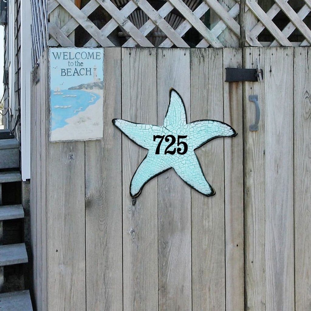 Starfish Coastal Wooden Personalized House Number Sign by G. Debrekht - Coastal Sea-Life Decor - Handcrafted Wooden Handcrafted Wooden Handcrafted Wooden Address Sign - MA98531