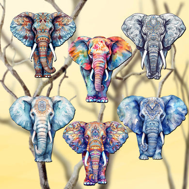 Elephants Clip-On Eco Wood Decorative Ornaments Set of 6 by G. Debrekht - Christmas Decor - 8090036C-S6