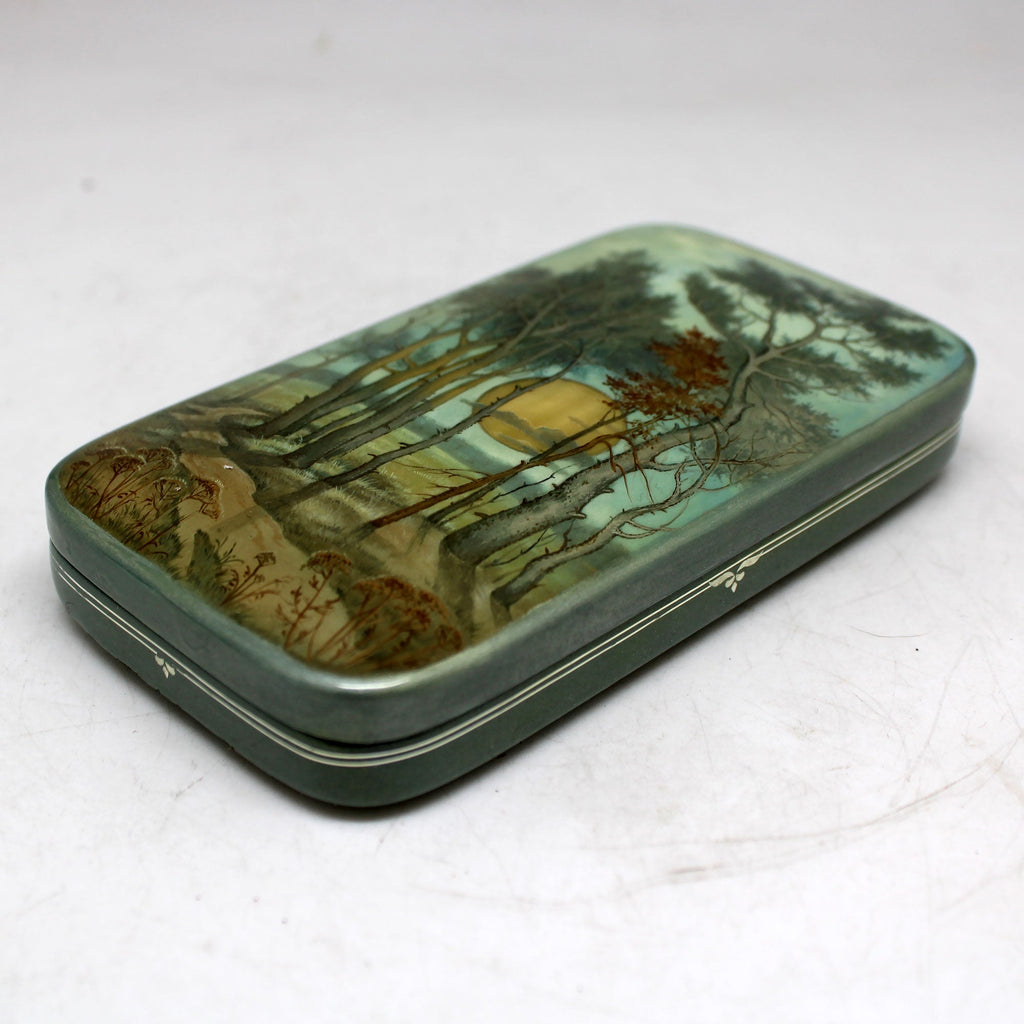 Hand-Painted Moon Night One-of-a-Kind Fedoskino Papier Mache Lacquered Miniature Box 5 x 3 Unique Handmade Gift Collectible and Home Decoration