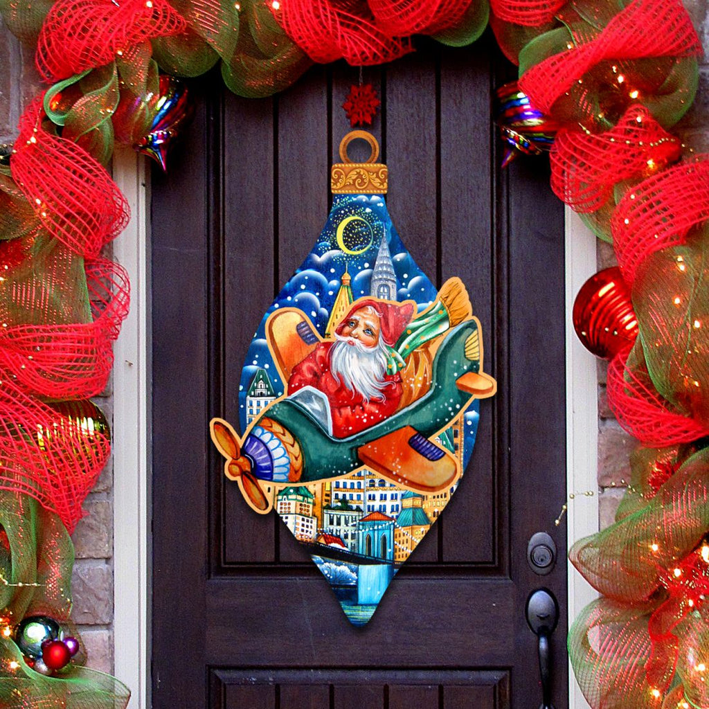 Santa On an Airplane Christmas Door Decor by G. DeBrekht - Christmas Santa Snowman Decor - 8112170H