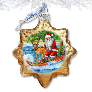 Coastal Decorations - Santa Claus Surfing Keepsake Glass Ornaments by G. Debrekht - Christmas Decor - 777419