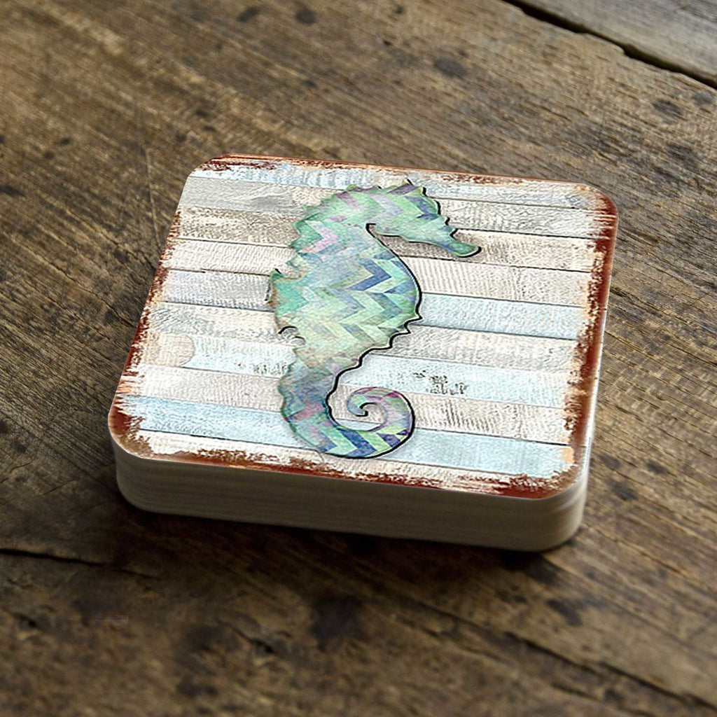 Seahorse Coastal Wooden Cork Coasters Gift Set of 4 by Nature Wonders - Coastal Sea-Life Decor - 8198517-2-9C-S4