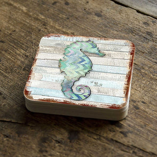Seahorse Coastal Wooden Cork Coasters Gift Set of 4 by Nature Wonders - Coastal Sea-Life Decor - 8198517-2-9C-S4