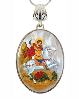 Gold plated rustic Icons pendant displayed on mother of pearl, handcrafted and made in the USA. Unique modern artwork of Christ, Mary, Mother of God, Feast Days, and more. 43013O3