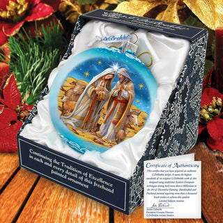 Betelhems Miracle in Blue Lg Glass Ornament by G.Debrekht - Nativity Holiday Decor - 73939B