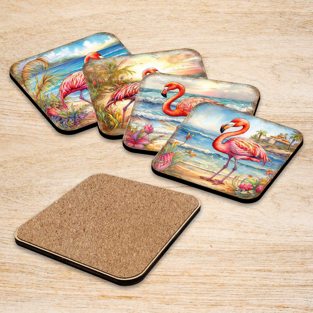 Pink Flamingo Wooden Cork Coasters Gift Set of 4 by G. Debrekht - Coastal Decor - 8199440C-S4