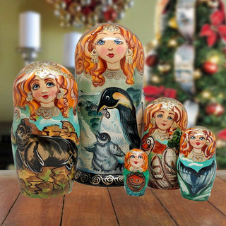 Penguins Matreshka Nesting Hand-Painted Dolls Set of 5 by G. DeBrekht - Wildlife Holiday Decor - 1300811