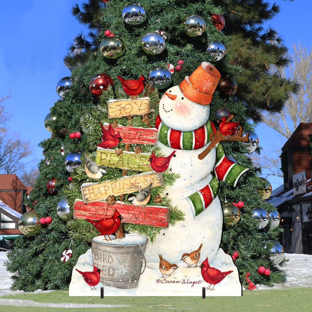 Joy Love and Peace Snowman Christmas Outdoor Scene by Susan Winget - Christmas Santa Snowman Decor - 8471108F-SW