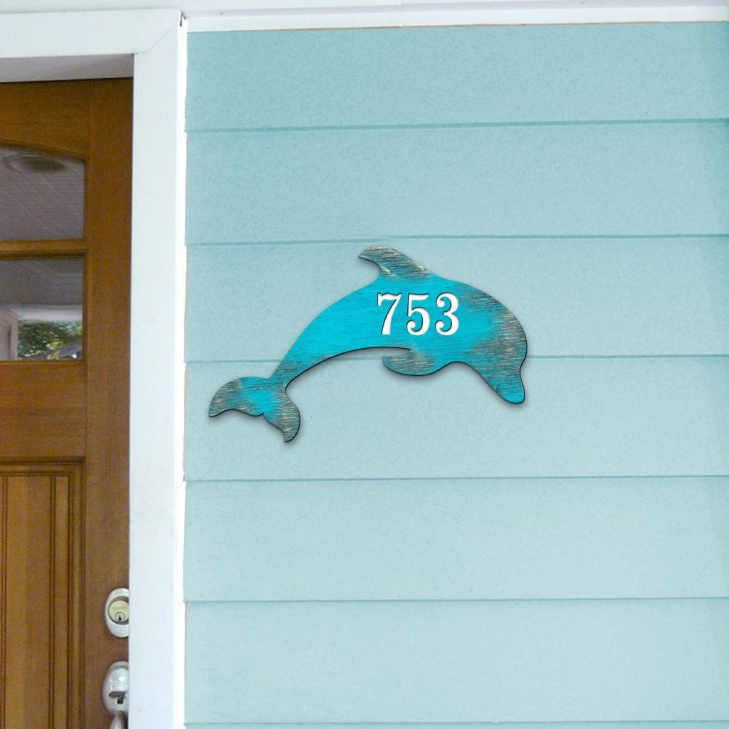 Dolphin Coastal Wooden Personalized House Number Sign by G. Debrekht - Coastal Sea-Life Decor - Handcrafted Wooden Handcrafted Wooden Address Sign - MA985193