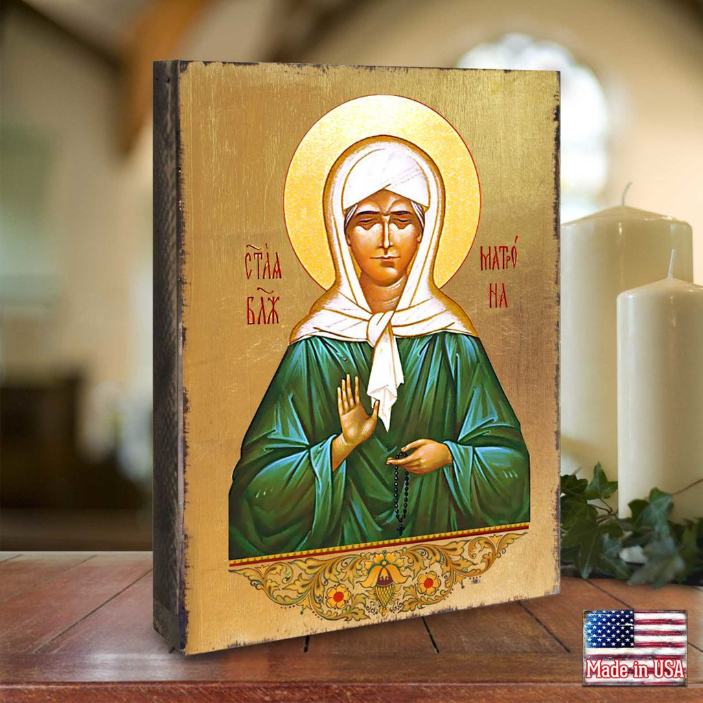 Matrona Wooden Gold Plated Religious Christian Sacred Icon - Inspirational Icon Decor - 85048