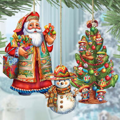Santas Around the World - Mexican Inspired Santa - Eco Wood Ornaments Set of 3 by G. DeBrekht Christmas Santa Snowman Decor - 8091308S3