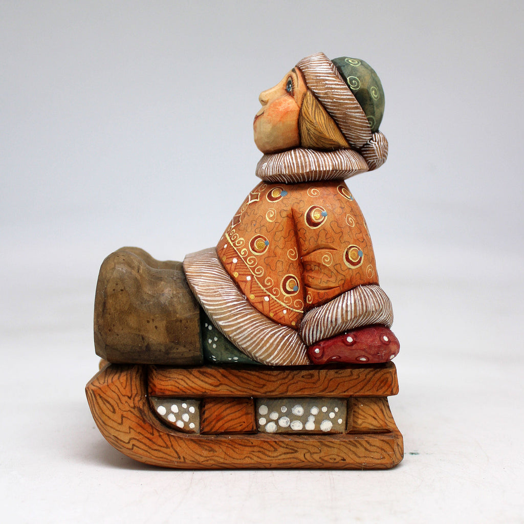 One-of-a-Kind Boy on Sleigh WOODCARVED Figurine 5x3.5x2.5