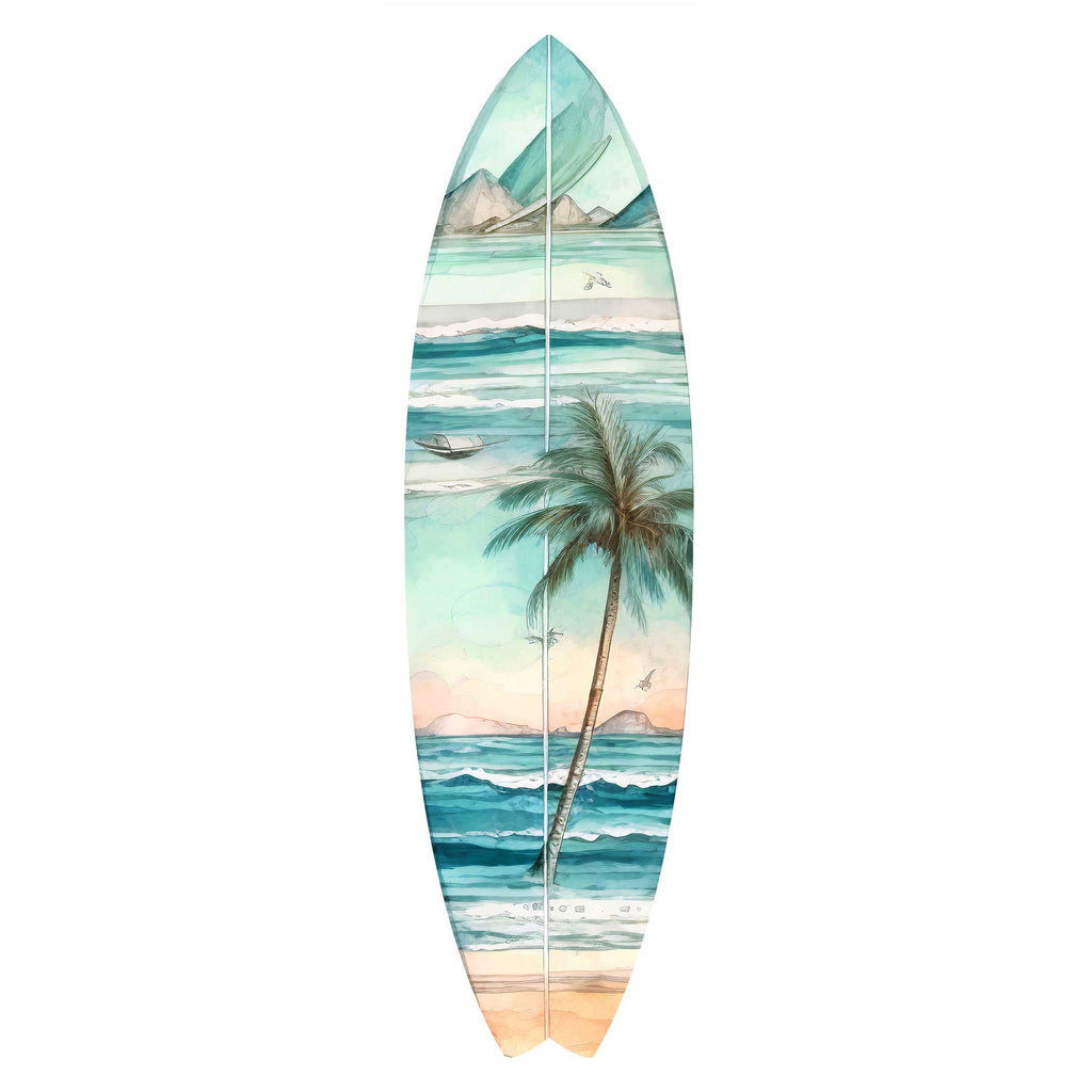 A watercolor painting of a surfboard with a tropical beach scene, including palm trees, waves, and mountains.