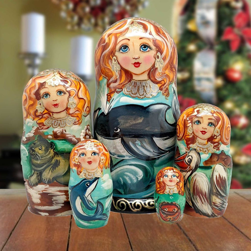 Whales Family Matreshka Nesting Hand-Painted Doll Set of 5 by G. DeBrekht - Coastal Holiday Decor - 140812