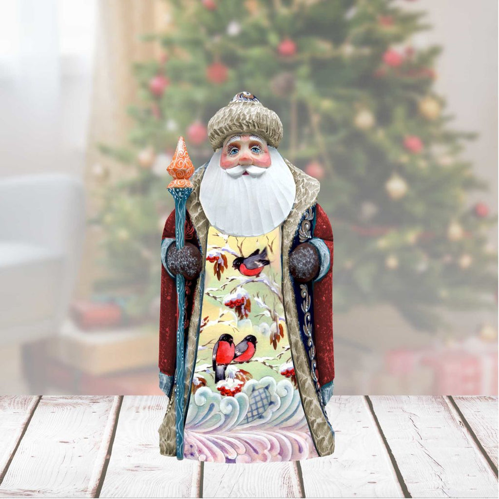 Winter's Morning Bird Chirping Santa Hand-Painted WOODCARVED Figurine by G. DeBrekht - Wildlife Holiday Decor - 8202012
