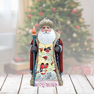 Winter's Morning Bird Chirping Santa Hand-Painted WOODCARVED Figurine by G. DeBrekht - Wildlife Holiday Decor - 8202012