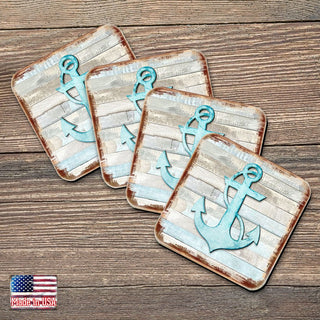 Anchor Coastal Wooden Cork Coasters Gift Set of 4 by Nature Wonders - Coastal Sea-Life Decor - 8198521-9C-S4